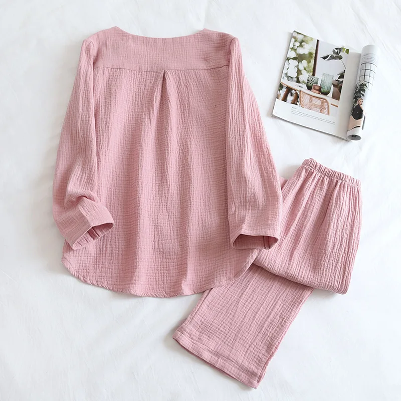 Japanese Simple Spring And Autumn Ladies Pajamas Two-piece Long-sleeved Trousers 100% Cotton Crepe Round Neck Home Service Set