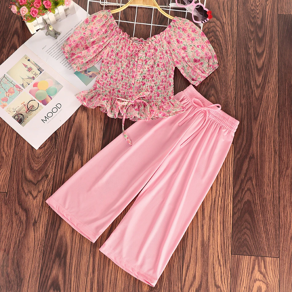 

Girls Clothing Sets 2021 Summer Kids Clothes Floral Chiffon top + Pant Outfit for 3 4 5 6 7 8 9 10 Years