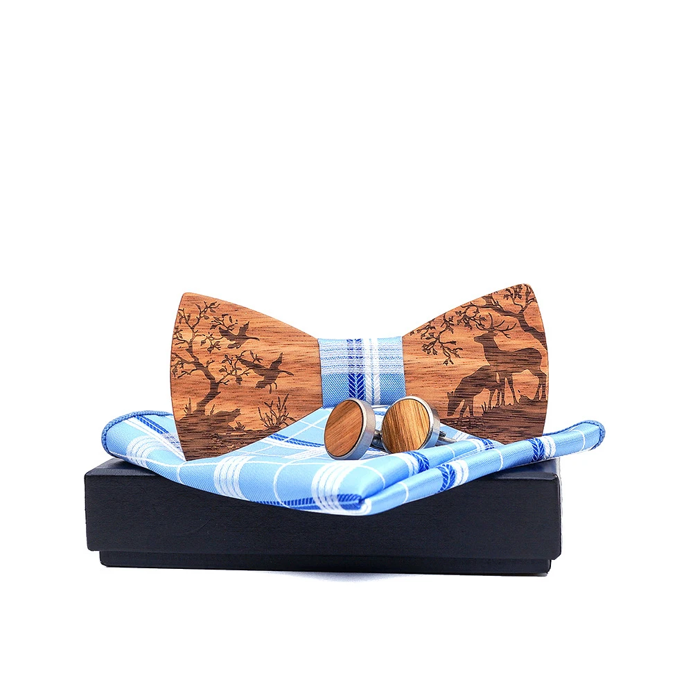 

Mens Polyester Handkerchiefs Wood Cufflinks Wooden Bow Tie Set for Christmas Gift Gravatas Goom Wood Bowtie Set