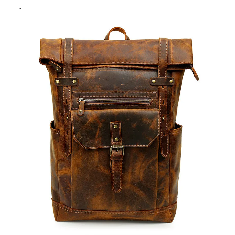 

Men's leather backpack, retro fashion shoulder bag, 16 inch high capacity computer bag, new, 2021