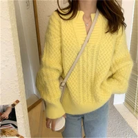 v neck retro chic all match solid color sweater ladies elegant and sweet outing streetwear winter fashion pullover