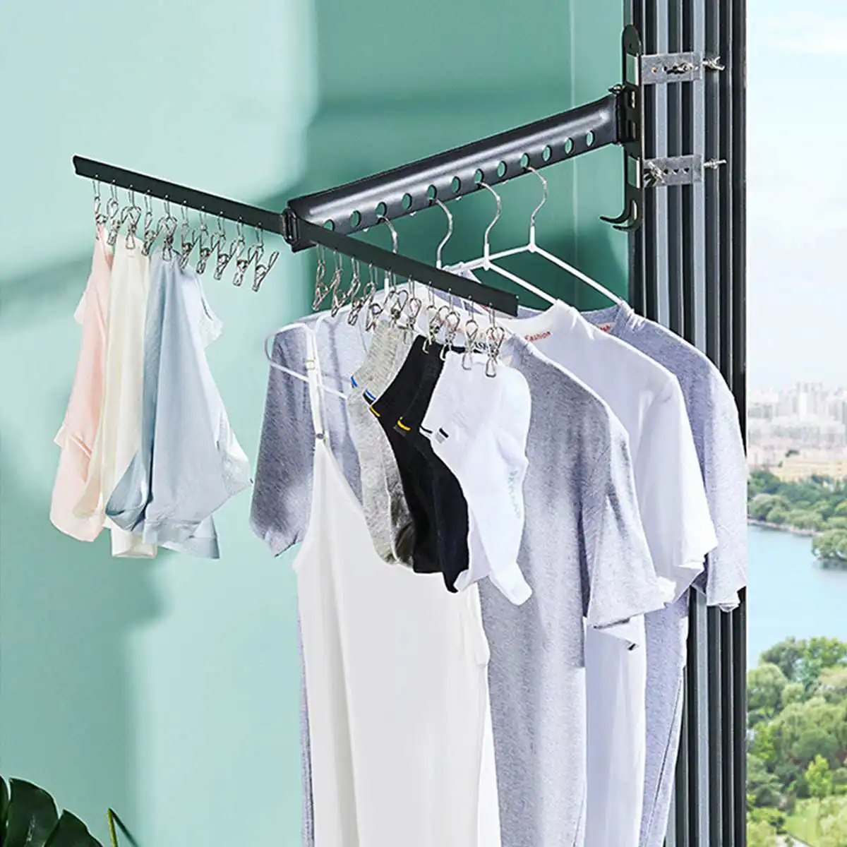 

12 Holes 20 Clips Balcony Folding Clothes Hanging Wall Mounted Stainless Steel Laundry Drying Rack Telescopic Air Rod Rail