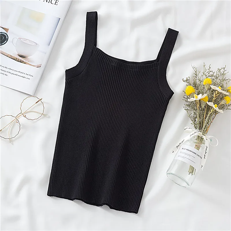 

Summer Women's Sexy Square Collar Solid Color Sleeveless Pullover Knitted Camis Sexy Tank Tops Women