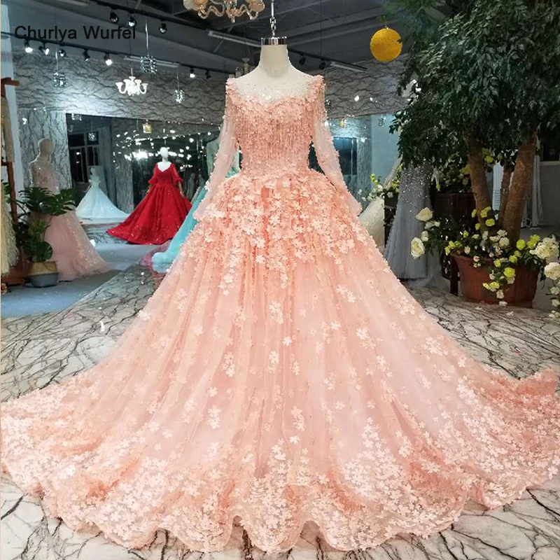 LSS197 розовые пышные платья для девочек длинное Тюлевое платье с длинными рукавами и круглым вырезом, длина до пола, 3d лепестки, кружева, цветы, платье для выпускного вечера дешевые вечерние платья