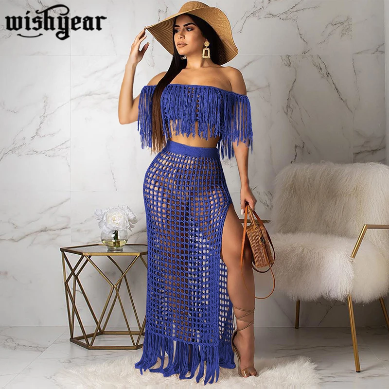 Ажурный вязаный комплект из 2 предметов с кисточками летнее пляжное платье