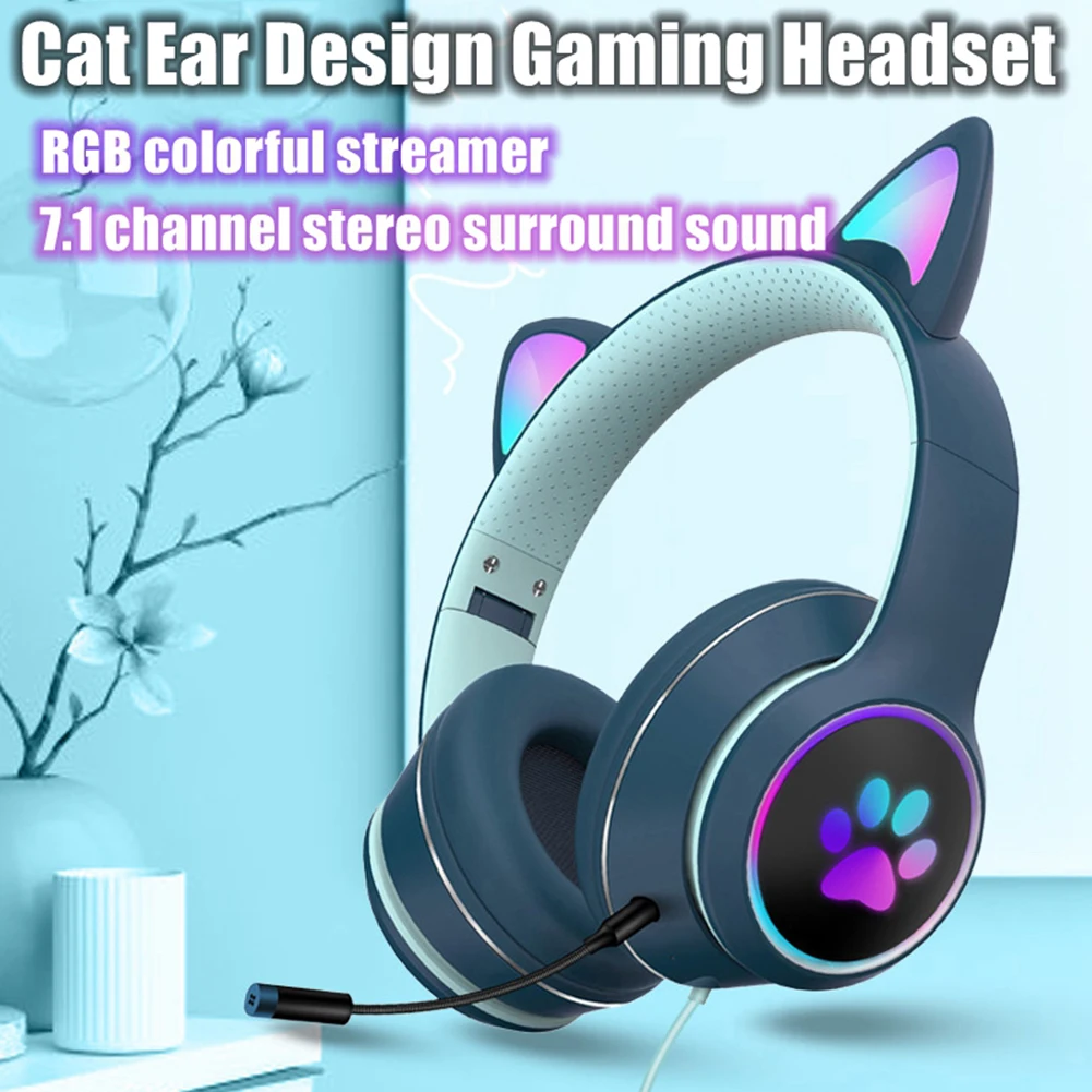 

Cat Ear Gamer Headset Girl Cute Headset Double Noise-Cancelling Headphone With Microphone RGB light Virtual 7.1 Auriculares Gift