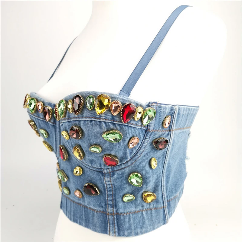 WYS.JL Sexy Body Sculpting Women's Tube Top Gemstone Diamond Denim Camisole Tight Crop Top