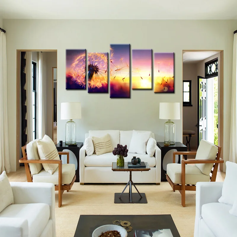 

5 Panels Canvas Wall Art Painting Flying Dandelion At Sunset Print Home Decor Poster Modern Living Room Decoration Pictures