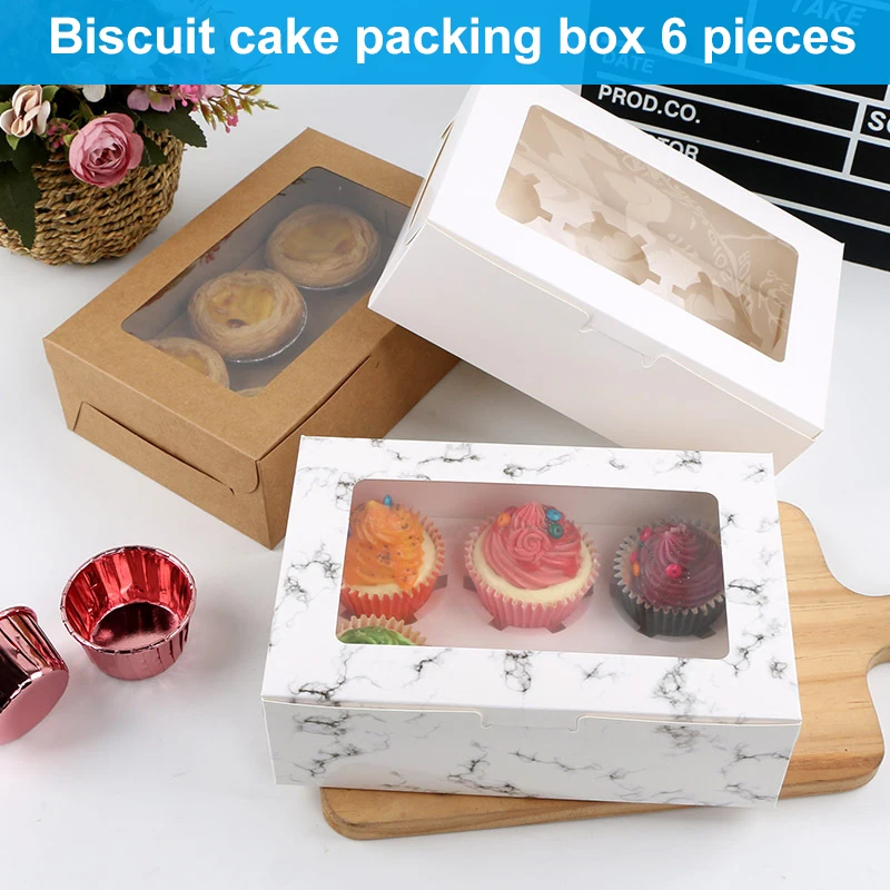 

10 шт. коробка для кексов с прозрачным смотровым окном, Мраморная Упаковка из крафт-бумаги с 6 отверстиями, поднос для торта для выпечки S7