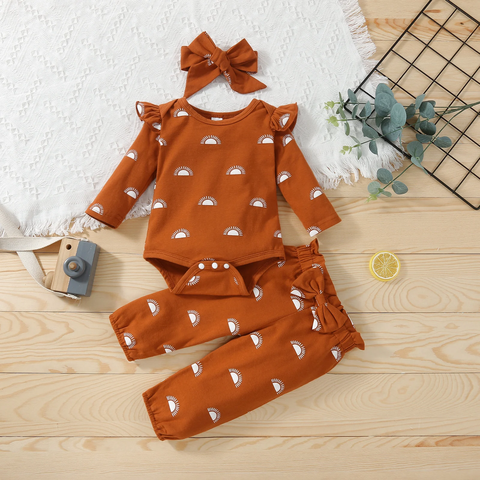 

3Pcs Baby's Sets Newborn Printed Long Fly Sleeves Rompers Elastic Bow-knot Trousers Headband Toddler Girls Boys Spring Autumn