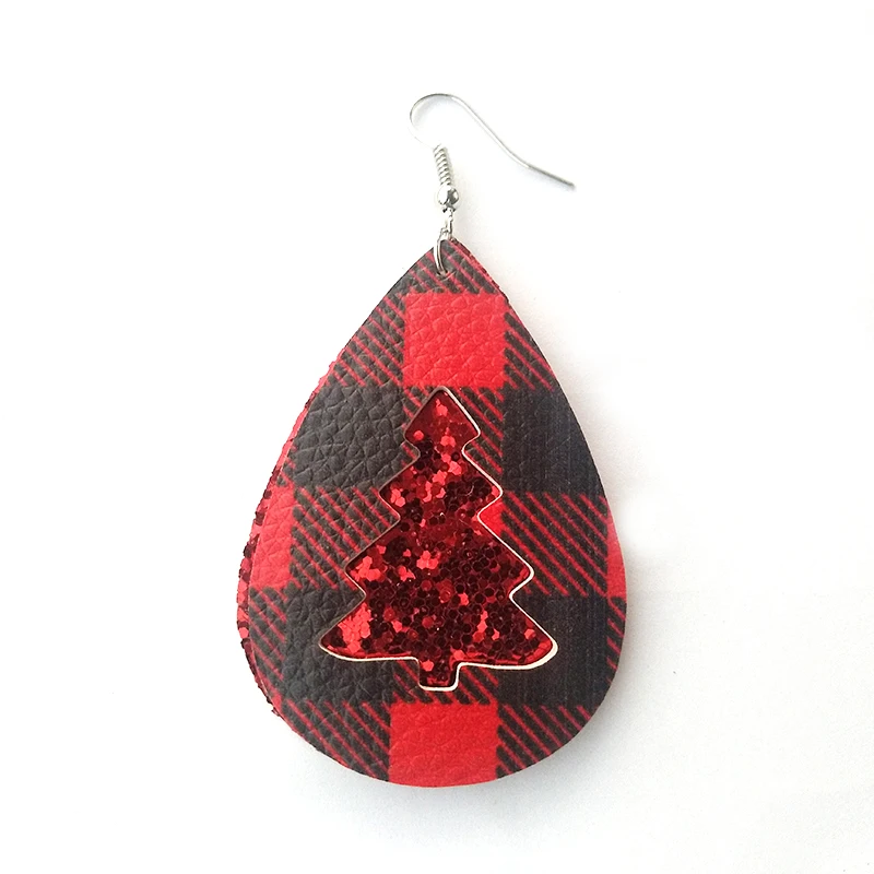 

New Stock Layered Teardrop Christmas Tree Glitter Faux Leather Earrings Double Layer Plaid Pattern Leaf Earrings Christmas Gift