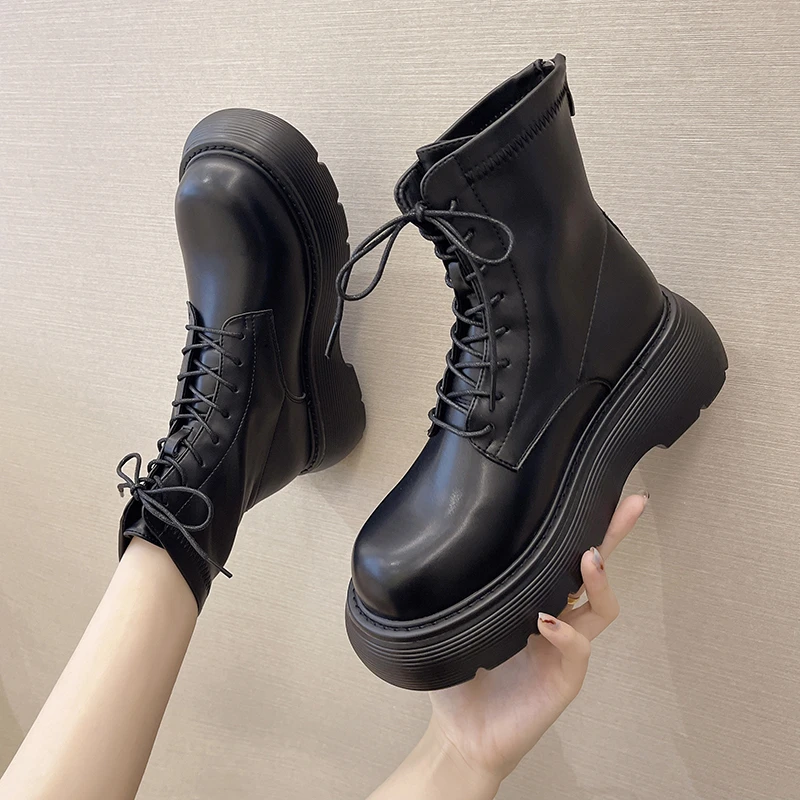 

Leather Ankle Boots Women Boots Chelsea Plush Lining Warm Soft Sole Ladies Round Chunky Lace-up Winter Female Platform Shoes