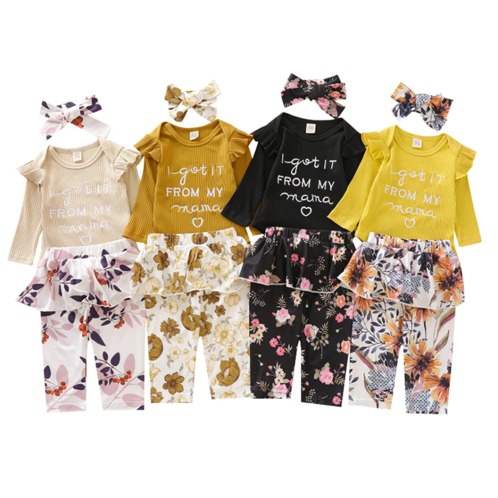 Newborn Baby Clothing Baby Girl Set 2021 Spring and Autumn Letter Flying Sleeve Romper + Culottes + Headband 3PCS Baby Sets