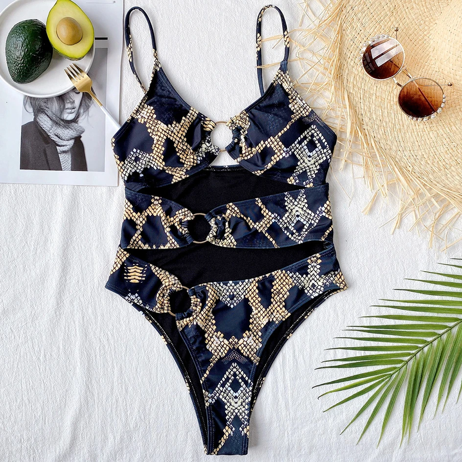 

Sexy Snake Print Swimwear Women 2021 One Piece Swimsuit Woman Hollow Out Bathing Suit Beachwear Female One-piece Suit Monokini