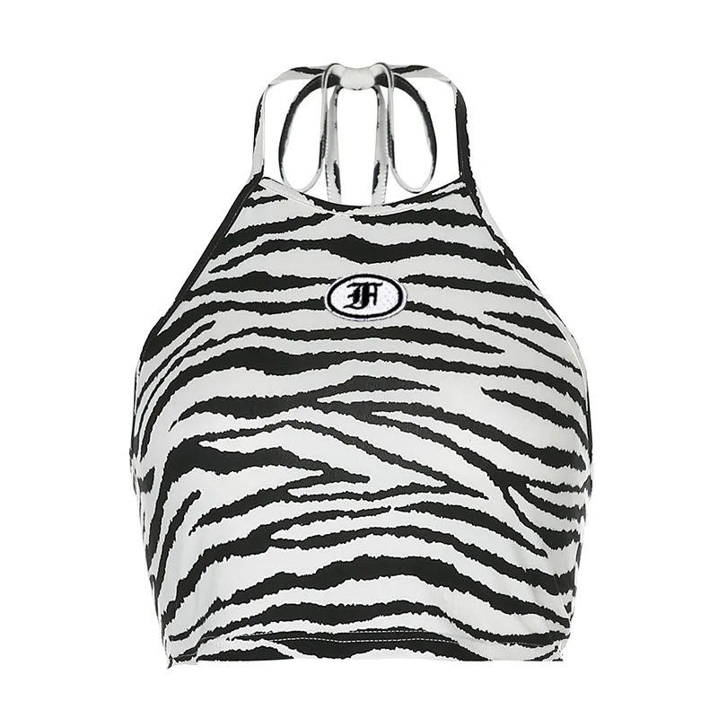 

Zebra Sexy Halter Top Women Summer Sleeveless Backless Cropped Tank Tops Tees Tie Up Fashion Female Casual Vest Streetwear