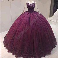 exquisite purple prom dress scoop neck full sleeve ball tulle vestido beads sequin appliques middel east robe de soiree