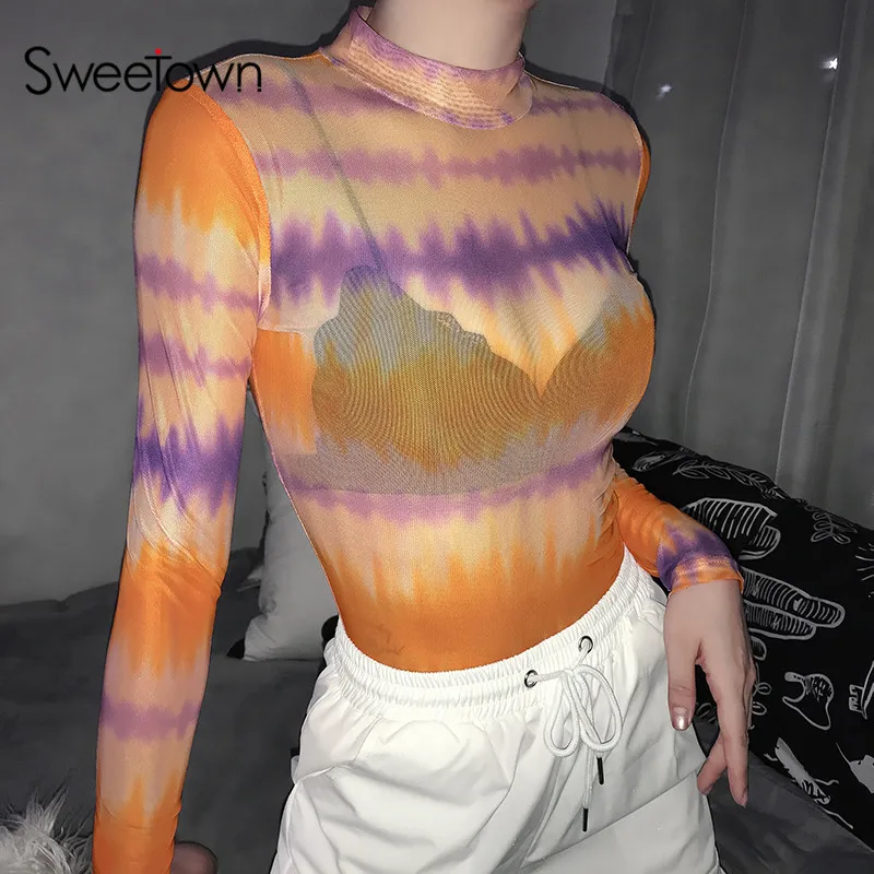 Sweetown, градиентная полоска, галстук, краситель, принт, сетчатый топ, длинный рукав, водолазка, милая рубашка, прозрачная, сексуальная, женская футболка, Рейв, одежда