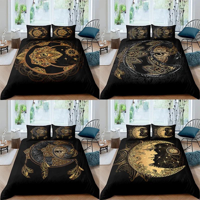 

Psychedelic Moon Black And gold Bedding Set Tarot Duvet Cover Bedclothes Dreamcatcher Quit Covers Twin King Size Home Textiles