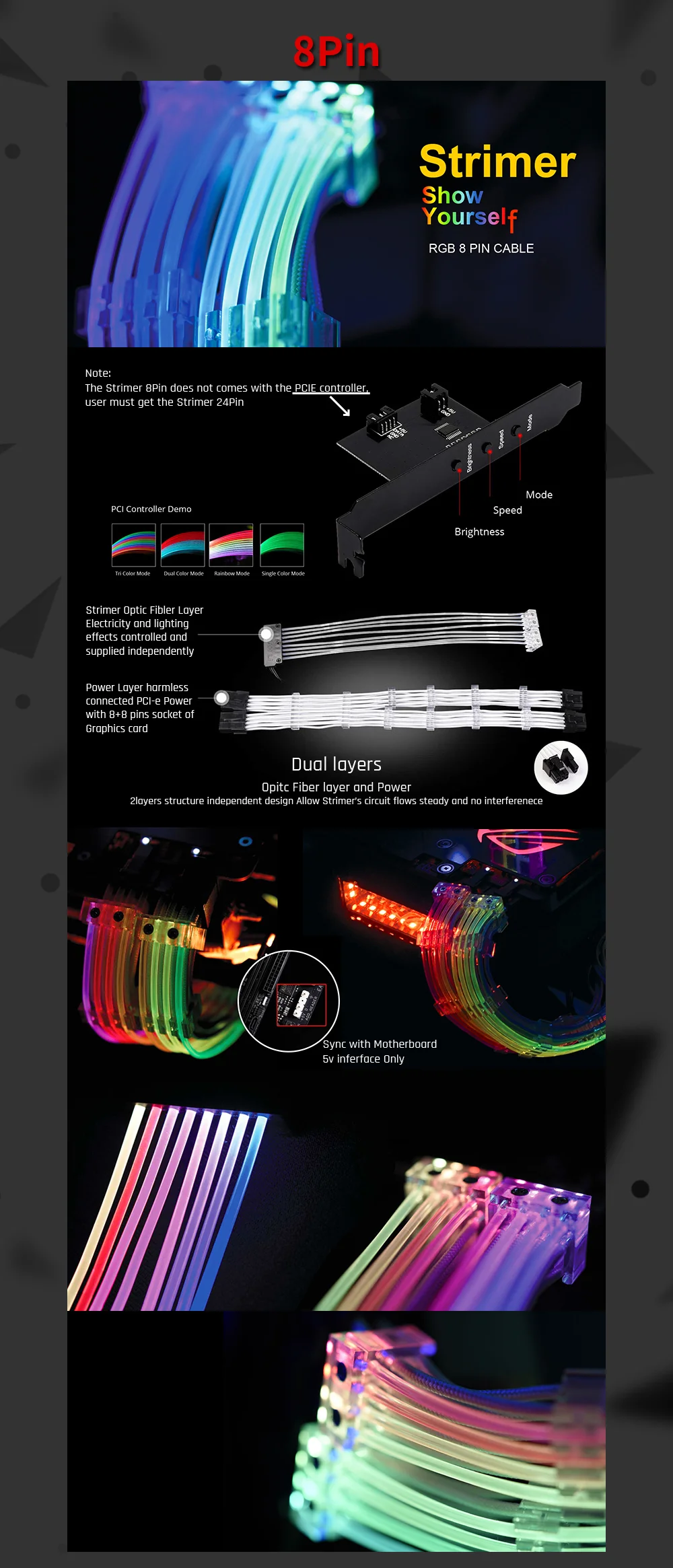 Lian Li Strimer-24/Strimer-8, 5 в RGB удлинительные кабели, Радужное освещение, для 24Pin к материнской плате/Dual-8Pin к видеокарте