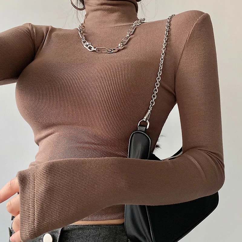 

Женская водолазка с длинным рукавом, однотонная простая облегающая эластичная Базовая футболка, женские универсальные повседневные женск...