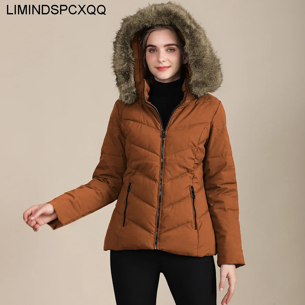 

Женское пальто со съемным меховым воротником и капюшоном, на молнии