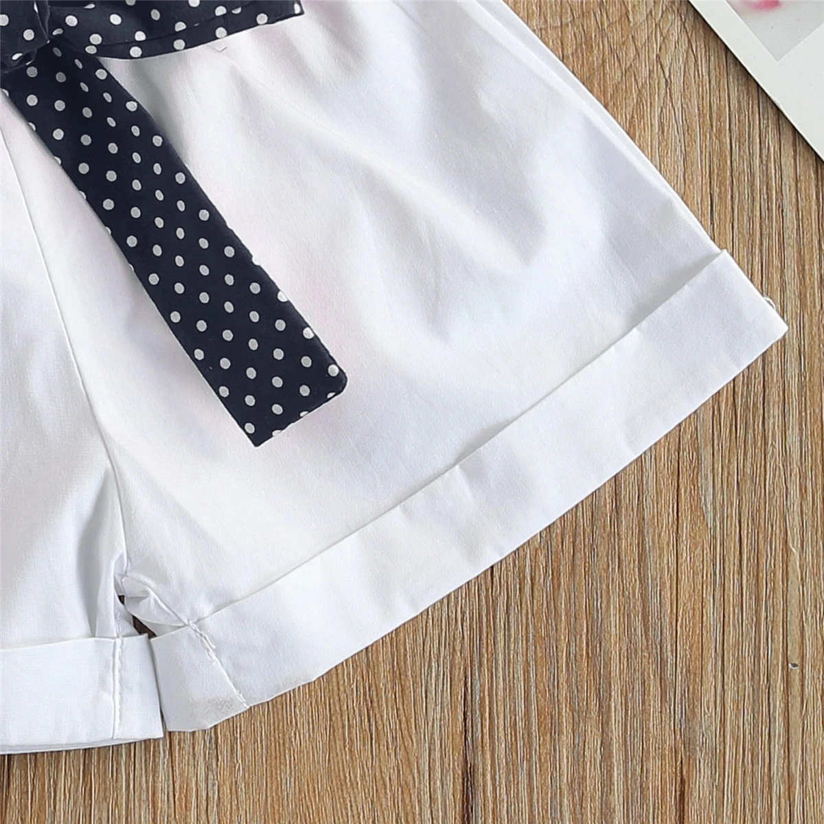 

2021 0-5Y Fashion Kids Baby Girl Clothing Dot Ruffle Short Sleeve Blouse Top+Bow Belt White Shorts Summer 2pcs Outfits Set
