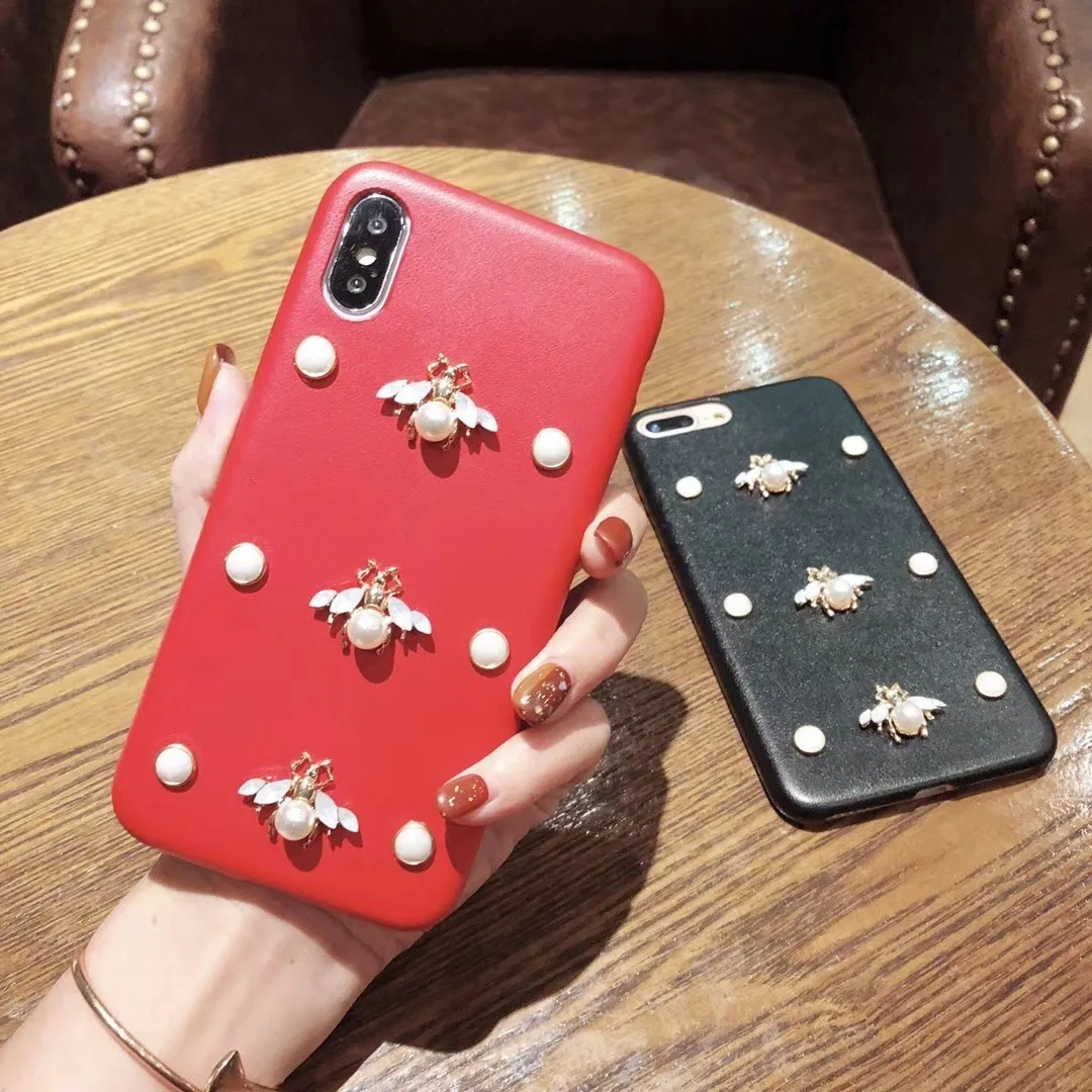 Роскошный кожаный мягкий чехол для телефона для iphone 7 чехол 3D мода алмаз пчела жемчуг Классический чехол для iphone 6 6s 7 8 plus X XR XS Max