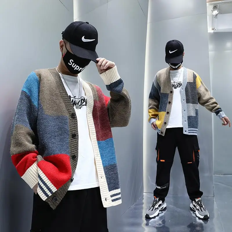 

Cardigan Sweater Coat Men 's 2021 Autumn New V-neck Contrast Color Japanese Loose Casual Knitted plus Size