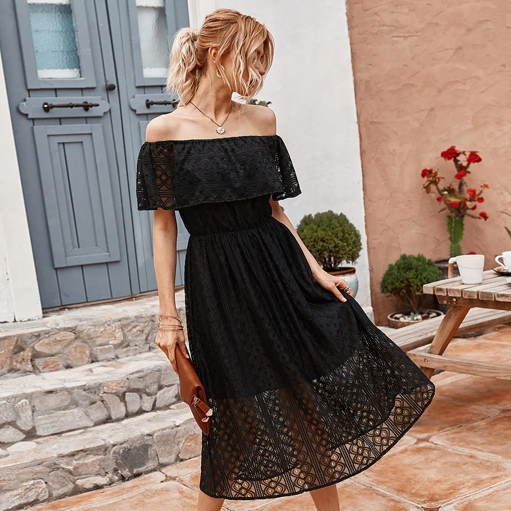 

2021 Summer New Elegant Ladies Lace Off Shoulder Dress Women Casual Slash Neck Solid High Waist Mid-calf Dress