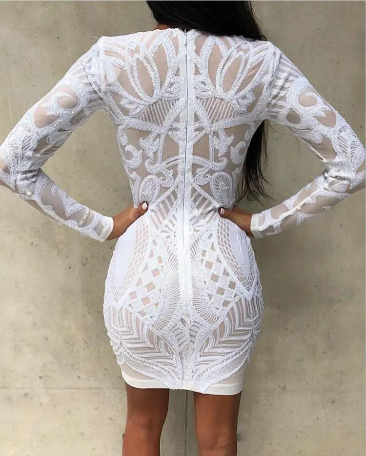 Женское рождественское облегающее платье белое Сетчатое вечернее с блестками