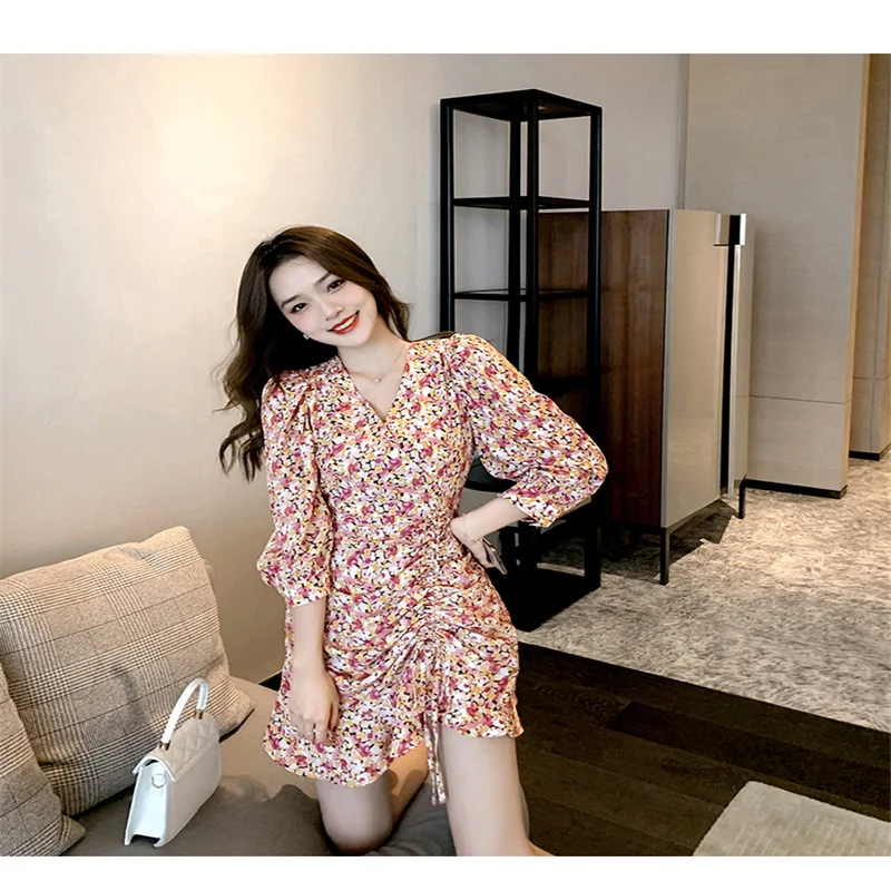 

2021 spring new retro oil painting style pleated print dress female long-sleeved floral temperament skirt