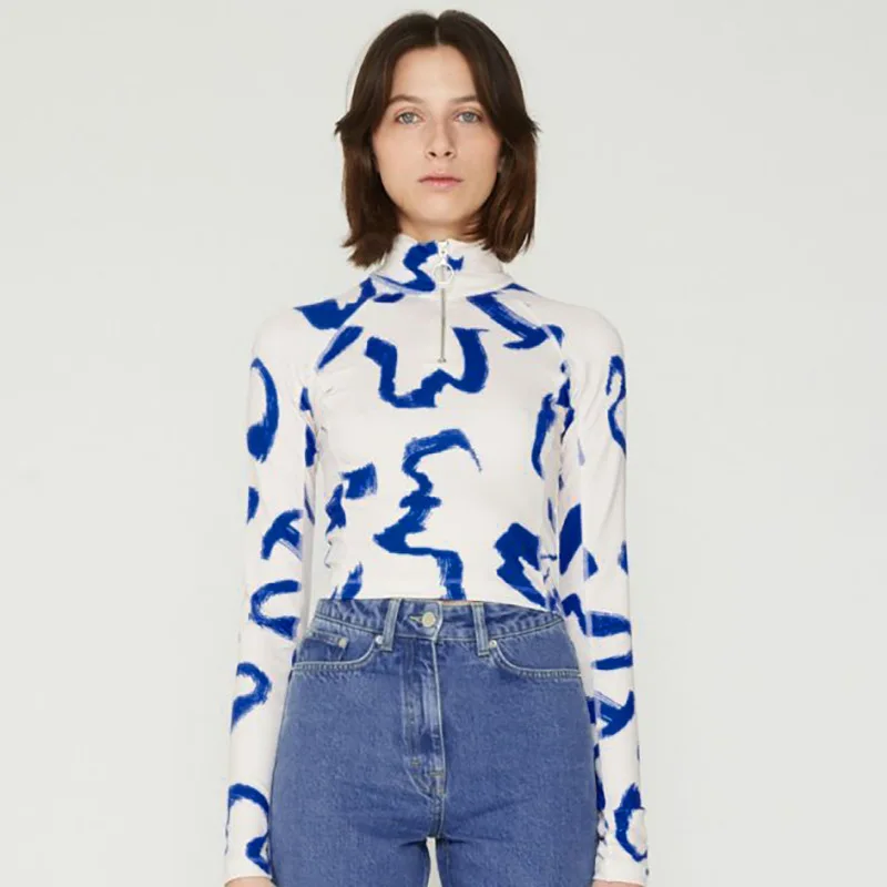 

2021 Autumn New Women Printed Blouse TShirt Zipper Long Sleeve Streetwear Party Outfits Elegant Female Clothing