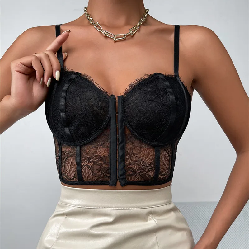 

Mixcb black Elegant Lace Backless For Women spaghetti single breasted strap mini sexy tops 2021 summer new style