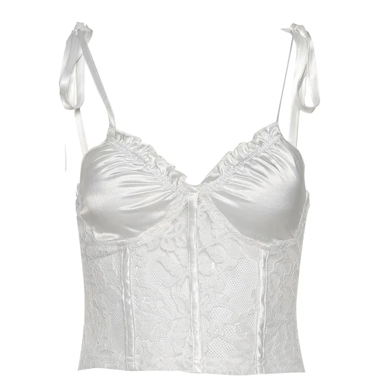 

FAKUNTN White Lace Crop Top Women Sexy Cami 2021 Summer New Fashion Streetwear Women Sleeveless Backless Bandage Slim Tank Top