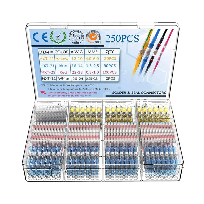 250Pcs 250/100/50 шт провода для пайки Разъемы-Терм усадочная припоя стыковые соединители с изоляцией Водонепроницаемый, коннекторов для электрических проводов терминалов - Цвет: 250Pcs