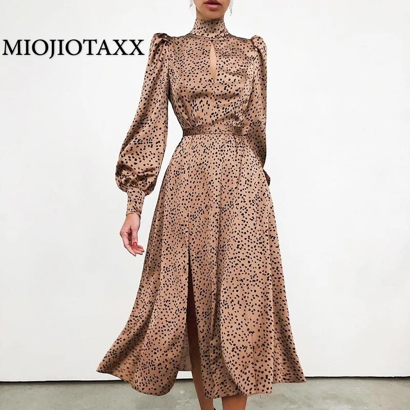 

MIOJIOTAXX New European American Dot Print High Collar Dress In Autumn Long Skirt With Hollow Out Lantern Sleeves At Chest