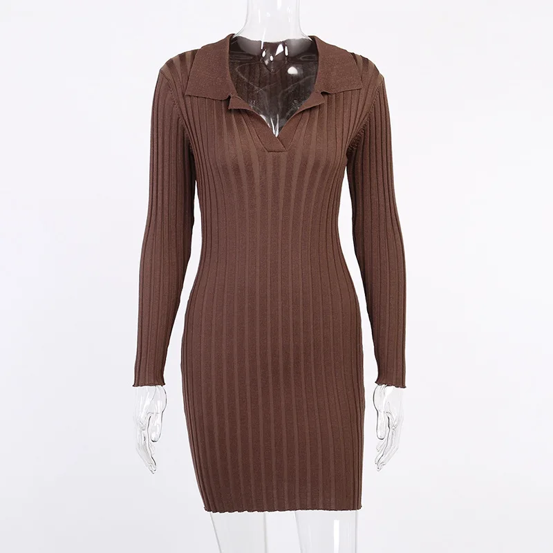 

WJFZQM Turn-down Collar Wrapped Knitted Dress Women Autumn Solid Sheath Sweater Dresses Women Mini Bodycon Casual Office Dresses