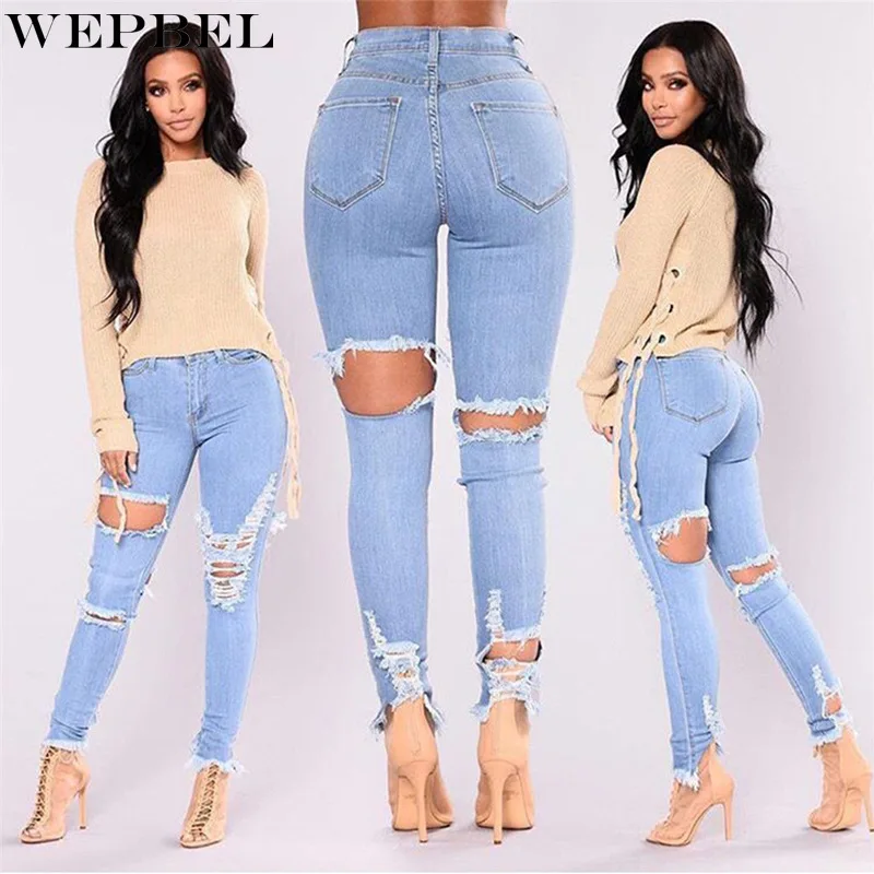 

WEPBEL Jeans Women's Casual Solid Color Slim Ripped Denim Pencil Pants Spring and Summer Fashion High Waist Tassel Skinny Jeans