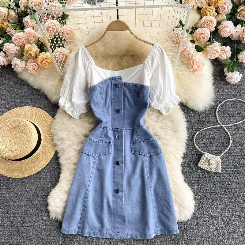 

Jeans Dress Women 2021 Summer Fashion Patchwork O-neck Short Sleeve Casual Streetwear Korean Style Girls A-line Denim Dresses