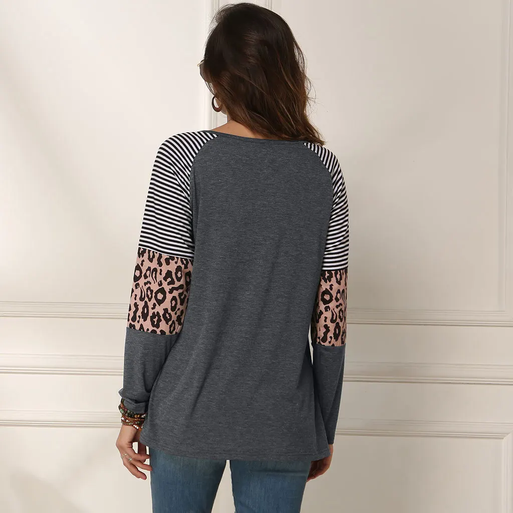 

Spring Autumn Women T-Shirt Striped Leopard Patchwork Tee Long Sleeve Loose Top Hollow Out o Neck Casual Vintage t Shirt Tops