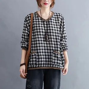 Блузка женская из хлопка и льна, с V-образным вырезом и длинным рукавом, осень 2020