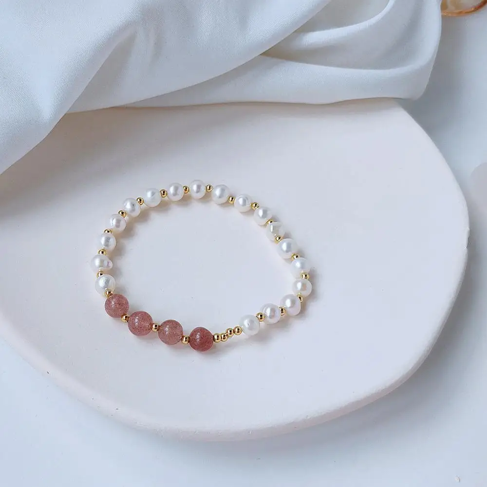 

Best Sell 14K Gold Filled Natural Freshwater Pearl Strawberry Quartz Female Bracelet Original Jewelry For Women Birthday Gift