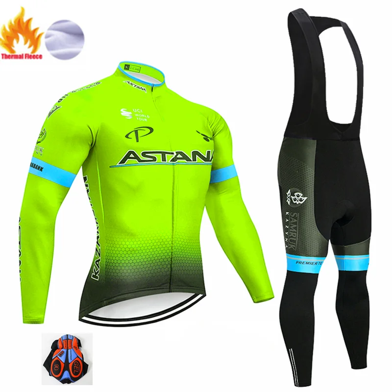 Winter Cycling Suit Красная Команда Астаны зимний термальный флис Велоспорт Джерси велосипед брюки набор мужской Ropa Ciclismo 9D костюм для велосипеда Culotte одежда - Цвет: Winter Cycling Suit