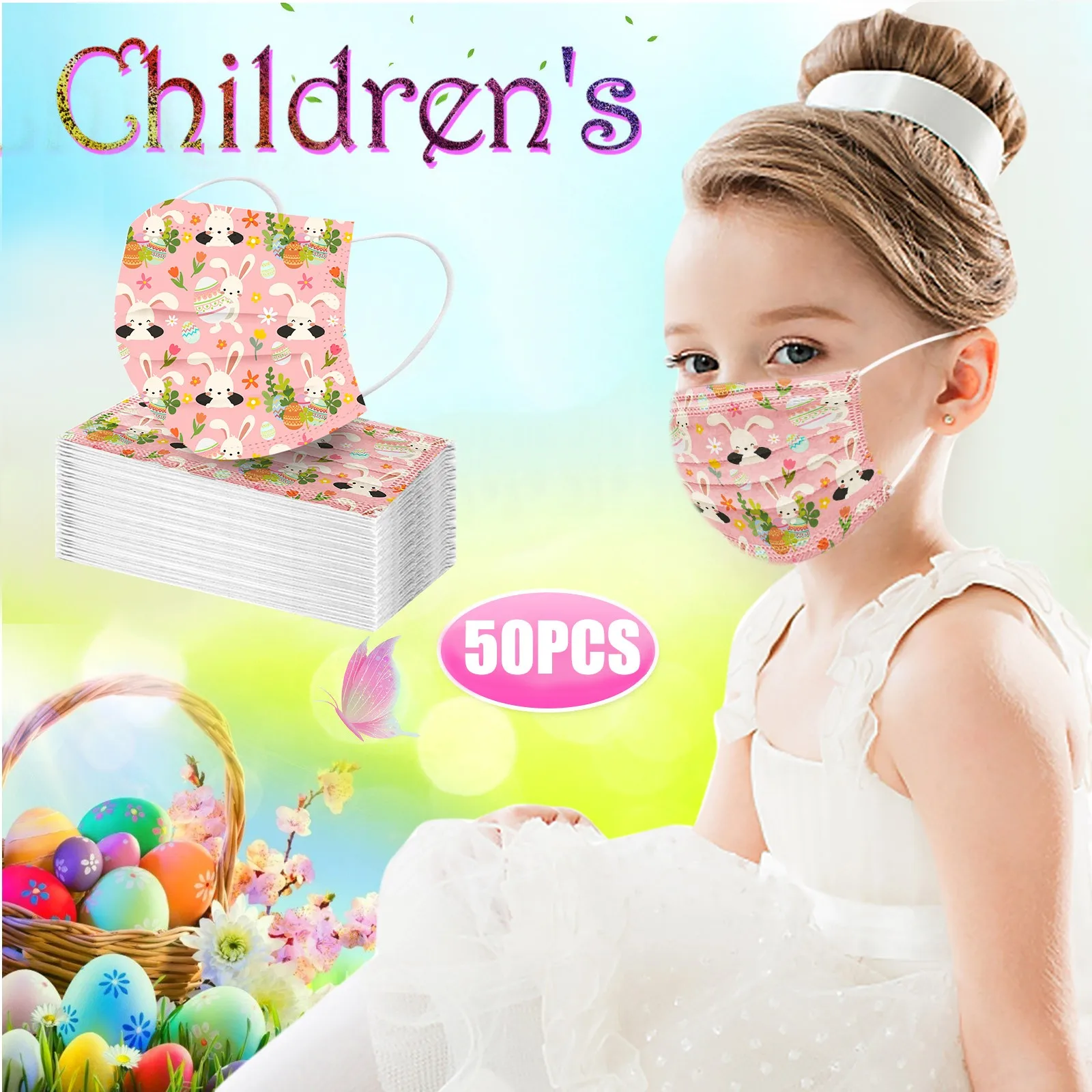 

50pc Easter Masks For Child Kids Disposable Rabbit Printed Protec Mouth Masks Wholesale Facemask Dustproof Masque No Decoration