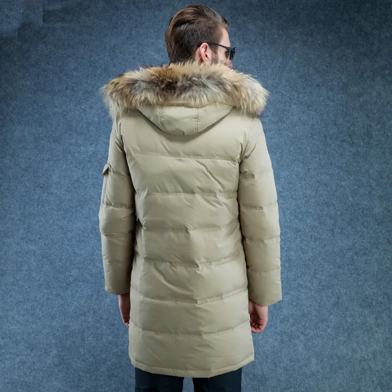 Мужская зимняя приталенная длинная куртка на утином пуху с капюшоном и