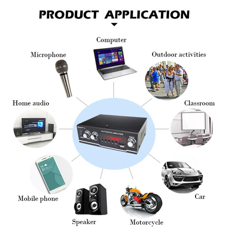 

US EU Mini Audio HiFi Bluetooth Power Class D Amplifier T2 PC Computer Digital Amp 50W*2 Home Audio Car Marine FM Speaker