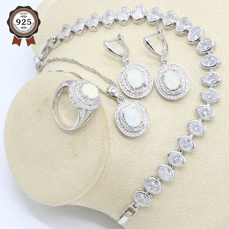 Овальный белый опал ожерелье Кулон Кольцо Серьги серебряного цвета набор