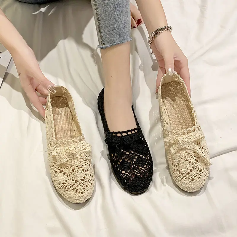 

Sweet Summer Women Shoes Lace Mesh Slip On Loafers Bow Casual Flats Lady Hollow Out Ballerina Shoes Breathable Zapatos Mujer