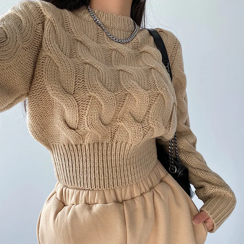 

High Waist Sweater Women Autumn Spring Tops Twist Knitted Short Design Pullover Turtleneck Casual Elegant Brown Sweaters Female