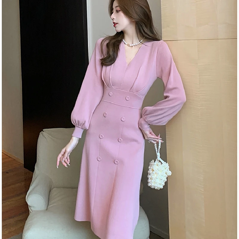

Autumn Winter Long Sleeve Dress 2021 Office Lady Graceful V-Neck Solid Purple Slim Dress Party Robe Female Women's Clothing y2k